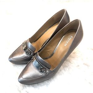 Coach Metallic Gunmetal Leather Platform Pump with Silver Coach Logo Buckle